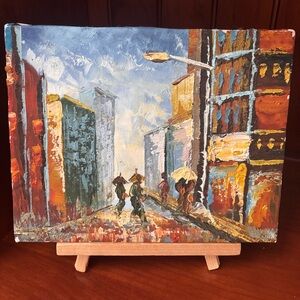 Urban Street Scene textured, impasto with figures holding umbrellas. Canvas  Art